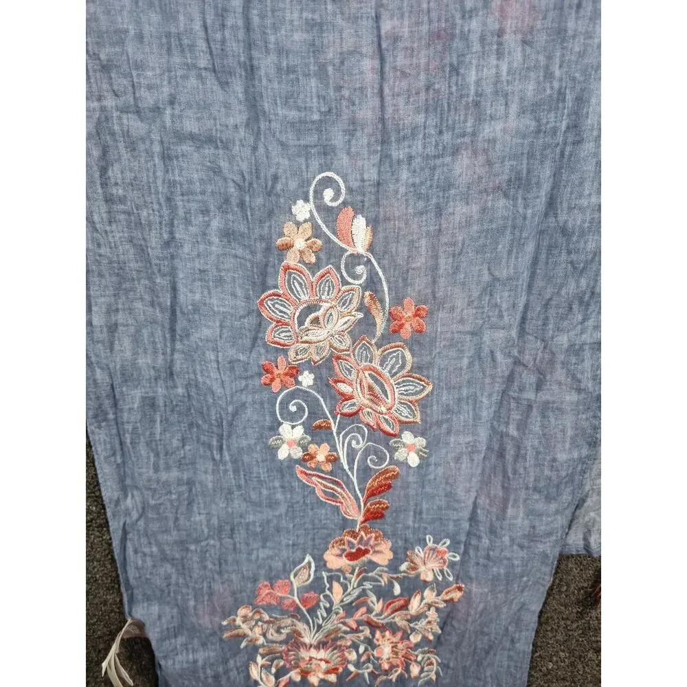 Chico's Scarf Womens One Size Blue Embroidered Beauty Oblong Cotton Tassels Boho